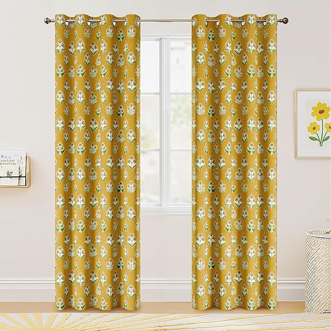 RYB HOME 100% Blackout Mustard Yellow Floral Curtains for Living Room, Patterned Flower Curtains 84 Inches Long, Thermal Insulated Drapes Window Treatment for Bedroom Dining Room, W52 x L84, 2 Panels