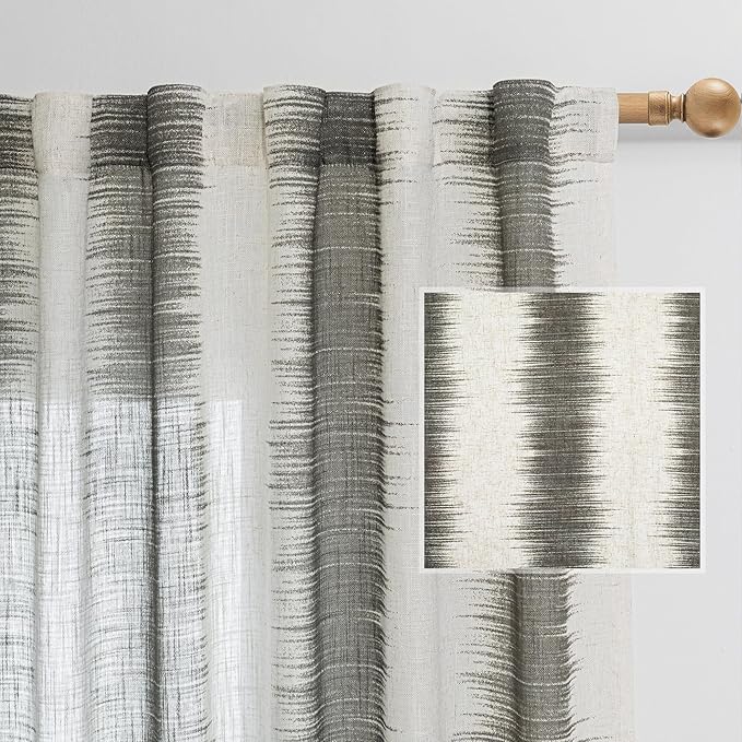 MYSKY HOME Bedroom Curtains Linen Textured Sheer Panels, Curtains 63 Inch Length Light Filtering Lines Back Tab Semi Sheer Window Treatment Farmhouse Style Drapes for Bedroom, 50"x63", Khaki, 2 PCs