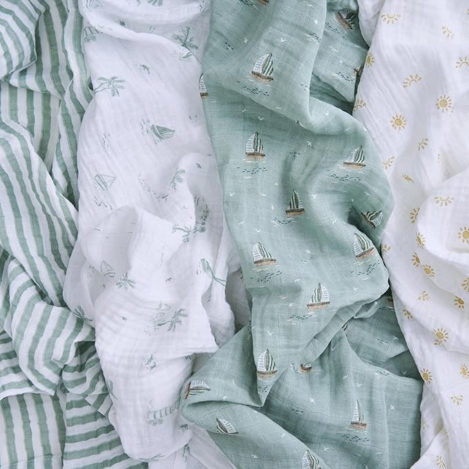 aden + anais Boutique Organic Swaddle Blanket 4-Pack – 100% Organic Cotton Muslin, Large, Soft, Breathable Receiving Blankets for Infants – Lightweight Multi-Use Baby Swaddles, Sailing Seas