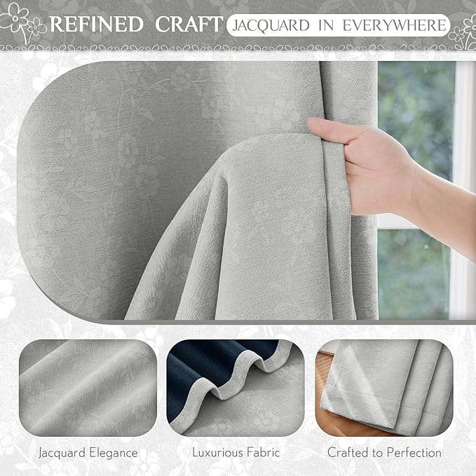 Beauoop Grey Floral Jacquard Blackout Curtains 63 Inches Long 2 Panels for Living Room Bedroom Chenille Flower Room Darkening Thermal Insulated Soundproof Grommet Window Drapes, 52x63 Set of 2