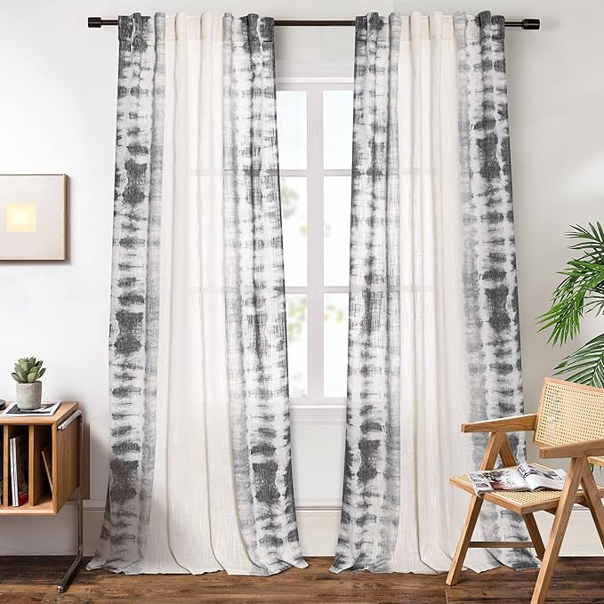 MEETSKY Flax Linen Sheer Curtains 95 Inches 2 Panels Light Filtering Window Modern Cotton Curtains for Living Room Printed Soft Rod Pocket Decorative Curtains for Office