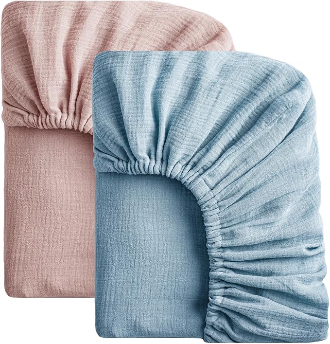 SOULFUL Mini Muslin Crib Sheets for Boys Girls, 2 Pack Soft and Breathable Cotton Fitted Crib Sheets for Standard Crib Mattress (24"x 38", Blue & Dusty Rose)