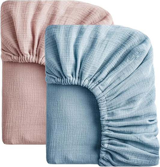SOULFUL Mini Muslin Crib Sheets for Boys Girls, 2 Pack Soft and Breathable Cotton Fitted Crib Sheets for Standard Crib Mattress (24"x 38", Blue & Dusty Rose)
