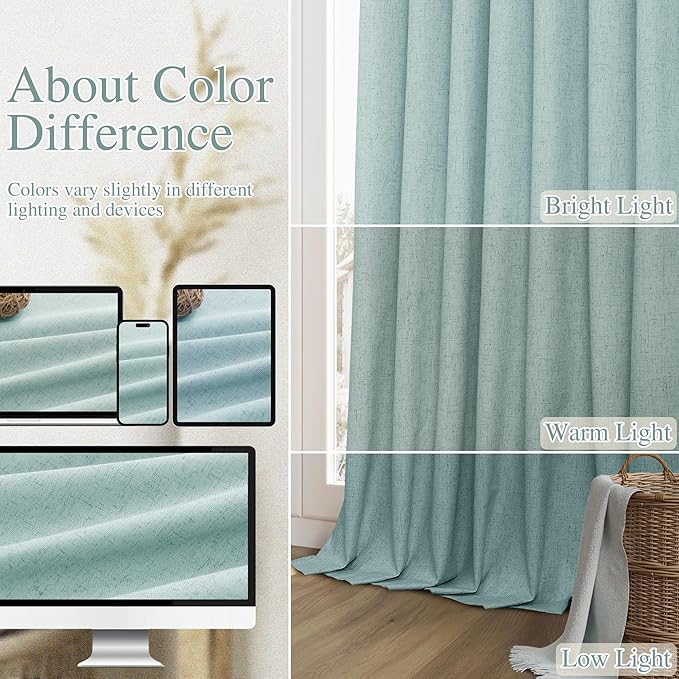 Guken 100% Blackout Linen Curtains 100 Inch Length 2 Panels Set for Living Room Bedroom Back Tab Thermal Insulated Black Out Linen Drapes Room Darkening Window Curtains,Light Blue