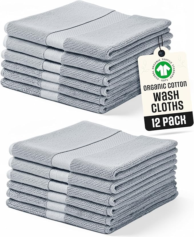 Organic Cotton Wash Cloths Plush Feather Touch Quick Dry Wash Cloths Pack of 12 GOTS & Oeko- TEX Certified | Premium Soft, Absorbent, Small Hand Face Towels Wash Rags– Light Gray