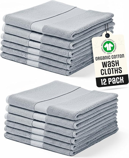 Organic Cotton Wash Cloths Plush Feather Touch Quick Dry Wash Cloths Pack of 12 GOTS & Oeko- TEX Certified | Premium Soft, Absorbent, Small Hand Face Towels Wash Rags– Light Gray