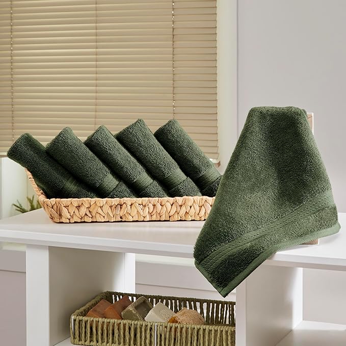 Ozdilek 6-Piece Washcloth Set 13x13 100% Turkish Cotton, 600 GSM, Soft, Gentle on Sensitive Skin, Multi-Purpose Use, Washable, Reusable, Ideal for Baby Care & Spa 6 Towels (Fern Green)