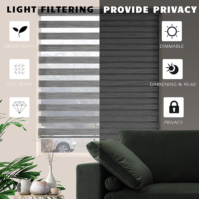 Custom Cut to Size Zebra Blinds for Windows Free-Stop Sheer Shades Dual Layer Roller Light Filtering Light Control Blinds for Indoor Windows Privacy(19" W X 72" H, Grey)