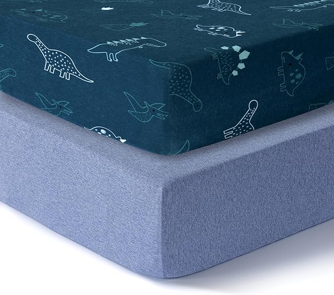 Dreamology Mini Crib Sheets, Pack and Play Sheets Fitted, 100% Cotton Mini Crib Sheets Fitted, Boy, Girl, Pack n Play Sheet, Crib Mattress Sheets, 24x38 Crib Sheets | Dino, Denim Blue