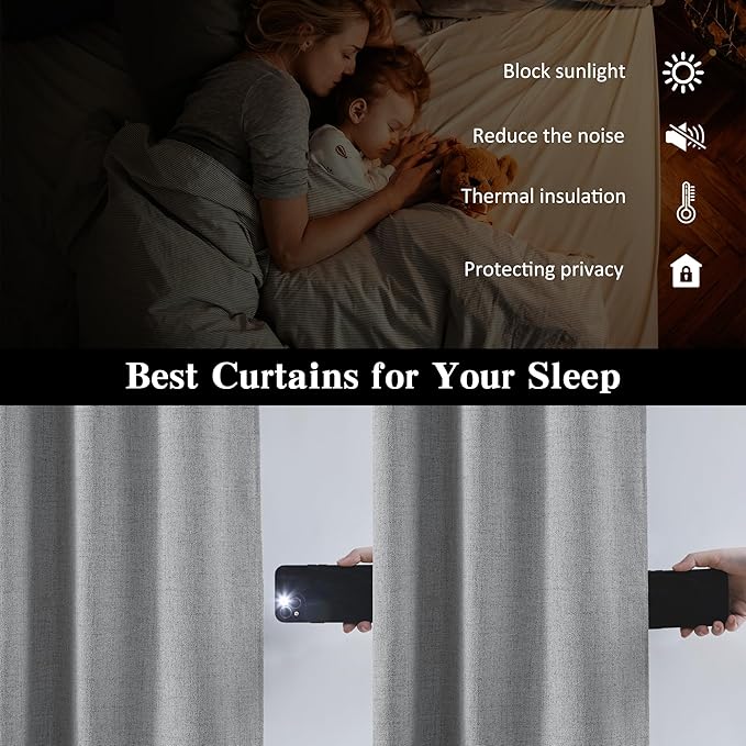 RAIN CITY Long Blackout Curtains 132 Inch Long 2 Panels Grey, Back Tab Pleated Look Drapes for Track System with Hooks, Noise Reducing Spring Blackout Winodw Curtains for Living Room 50x132