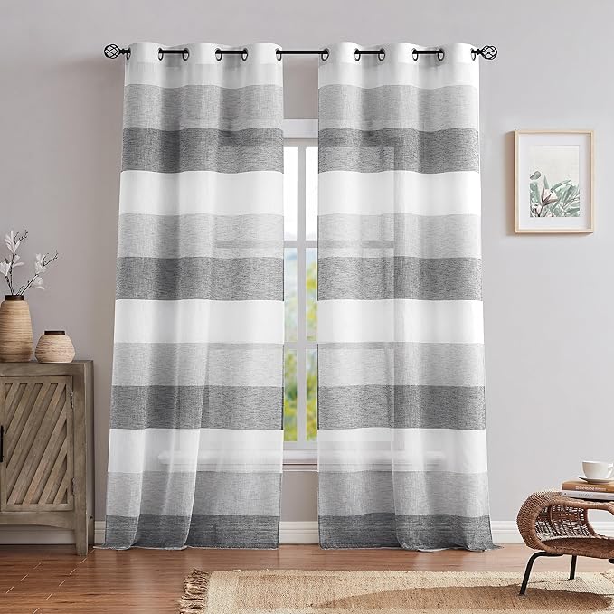 Central Park Gray Charcola Stripe Sheer Color Block Window Curtain Panel Linen Window Treatment for Bedroom Living Room Farmhouse 120 inches Long with Grommets, 2 Panel Rustic Drapes