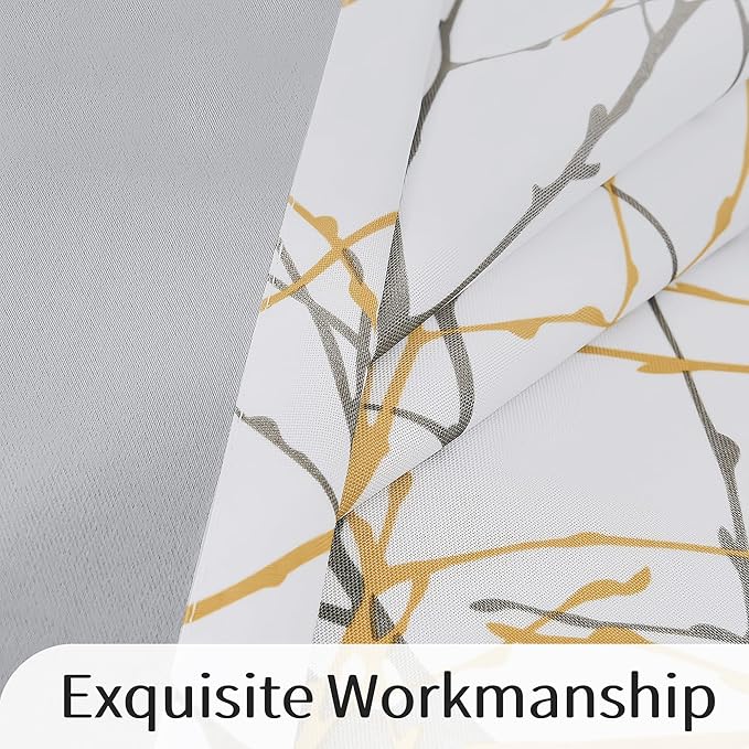 FMFUNCTEX 100% Blackout Curtains Yellow White Tree Liner Curtains for Bedroom, Branch Partterned Curtains 63 inch Length for Living Room, Room Darkening Thermal Insulated Drapes, Grommet Top 2 Panels