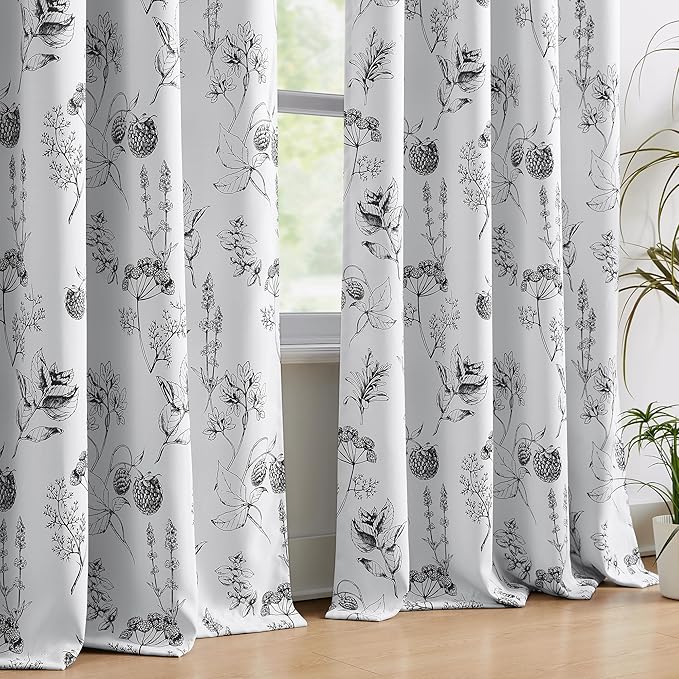 FMFUNCTEX 100% Blackout Floral Curtains 96 Inches Long for Bedroom, Black and White Leaf Drapes for Living Room, Farmhouse Rod Pocket Back Tab Room Darkening Thermal Insulated Window Drapes 2 Panels