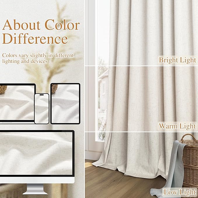 Guken 100% Blackout Curtains 72 Inch Length 2 Panels Set for Living Room Bedroom Back Tab Thermal Insulated Black Out Linen Drapes Room Darkening Window Curtains 72 Inches Long,Beige White
