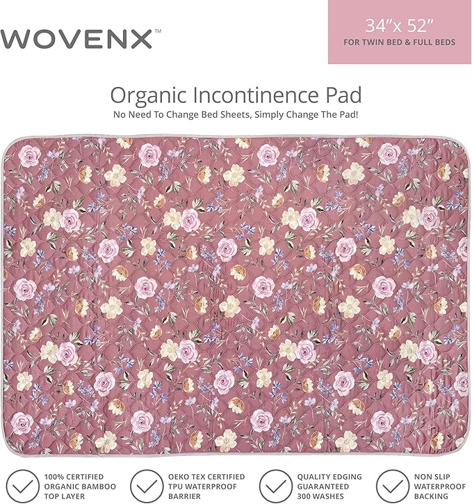 wovenx Organic Incontinence Pad for Period - Waterproof Protectors - Reusable Washable Pee Pad - Fits Twin to Full Size Beds - 100% Organic Viscose Derived from Bamboo - 34" x 52" Dark Flower