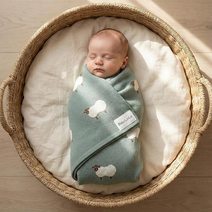Knit Baby Swaddle Blanket - 100% Cotton Soft Cozy Receiving Swaddle Stroller Blanket for Shower Gift Registry for Newborns, Infants, Toddlers (Sheep - Pasture Green)