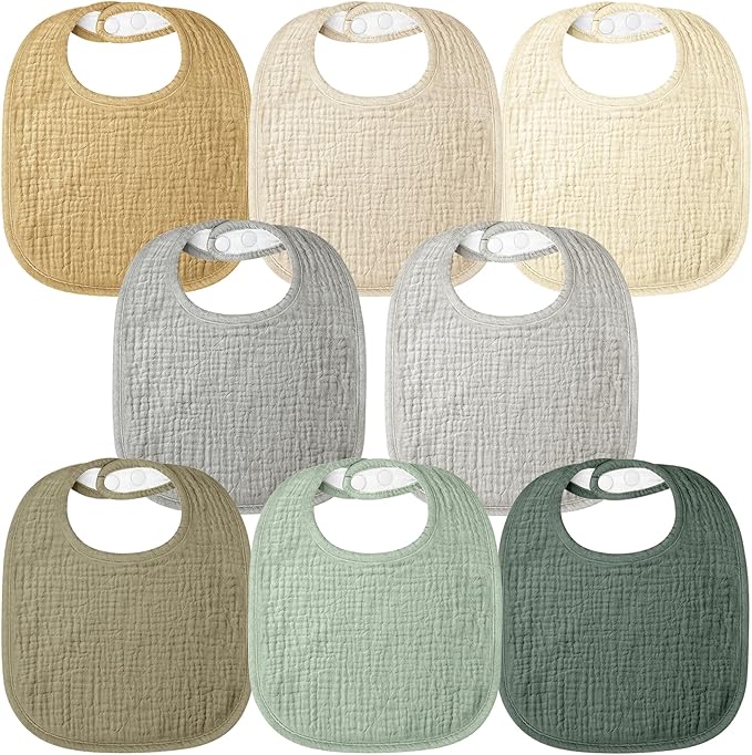 Bearmoss Baby Muslin Drooling Bibs 100% Cotton Square Adjustable Bibs Gift for Baby Girls Boys Teething Drool 8 Pack