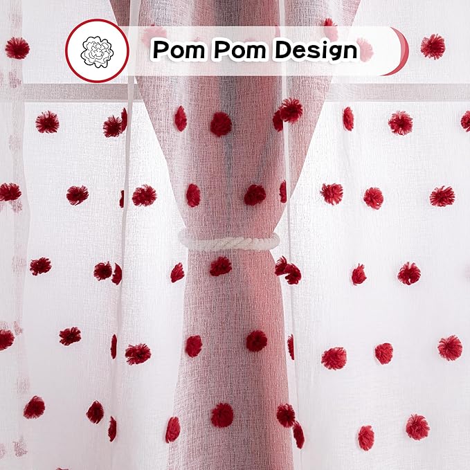 MYSKY HOME Long Curtains for Living Room 95 Inches Length Red Pom Pom Sheer and Blackout Sliding Glass Door Curtain Grommet Double Layer Room Darkening Window Panels for Patio, Red, 52" Wide, Set of 2