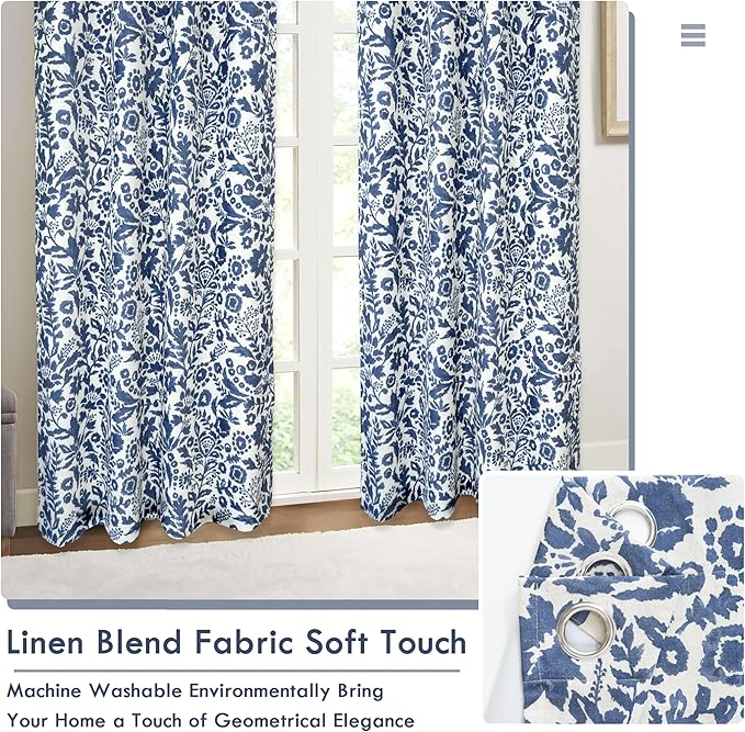 DriftAway Julia Watercolor Blackout Room Darkening Lined Thermal Insulated Energy Saving Window Curtains 2 Layers 2 Panels Each Size 52 Inch by 63 Inch Linen Navy