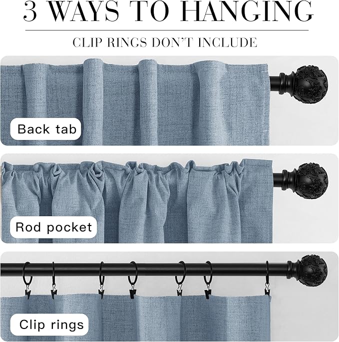 RYB HOME Linen Texture Curtains for Bedroom, 100% Blackout Thermal Insulated Curtains, Rod Pocket&Back Tab Room Darkening Drapes Luxury Decor for Living Room Nursery, W52xL90g, 2 Panels, Smoky Blue