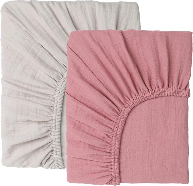 Muslin Baby Crib Sheets Fitted -Crib Sheets Neutral Turkish Cotton, Ultra Soft & Breathable -Organic Cotton Crib Sheets for Boys &Girls, GOTS &Oeko-TEX® Certified (52x28, Cotton Latte &Neutral Rose)