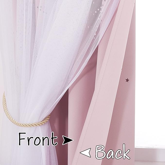NICETOWN Moon and Stars Cutout Blackout Curtains with White Sheer Voile for Bedroom/Christmas, Grommets Noise Reducing Window Treatment Draped for Grils Room, 1 Pair, 52" Wide x 63" Long, Baby Pink