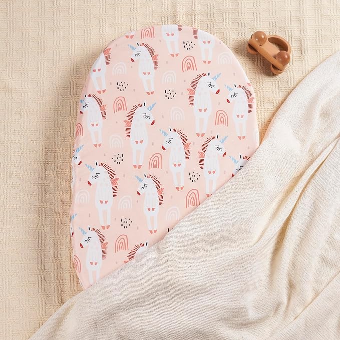 TILLYOU Baby Bassinet Sheets for Girls Boys 2 Pack Baby Sheets for Square Rectangle Oval Bassinet Mattress 33X16 Inch, Unicorn & Meat Powder
