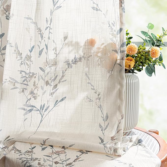 MYSKY HOME Sheer Floral Curtains 63 Inch Long for Bedroom Linen Look Drapes Light Filtering Privacy Added for Living Room Kitchen Farmhouse Style Texture Soft Touch Window Treatment, 50'' Wide, 2 Pcs