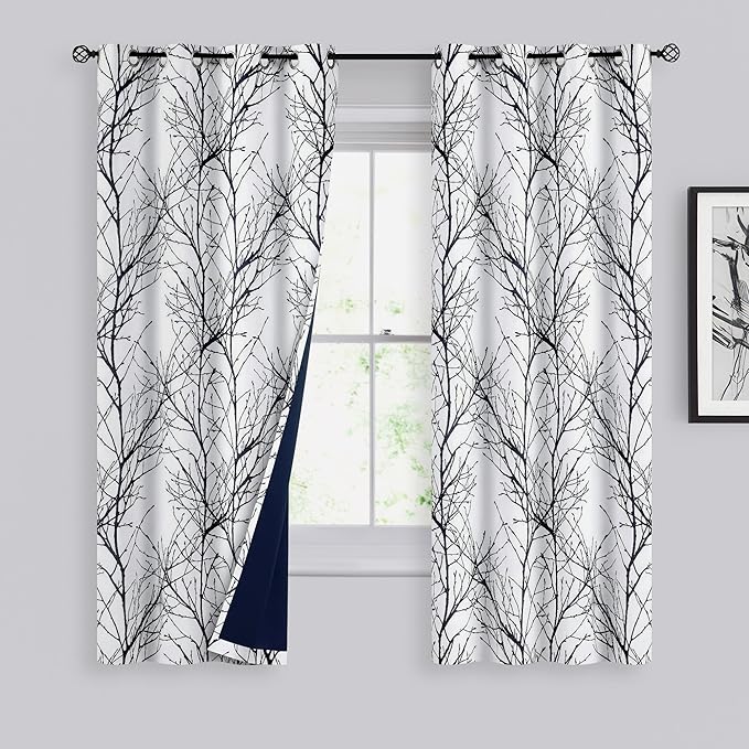 FMFUNCTEX 100% Blackout Curtains 63 Inch Length for Bedroom Living Room, Modern Black Tree Branch Printed Curtains, Thermal Insulated Grommet Room Darkening Curtains & Drapes, 2 Panels