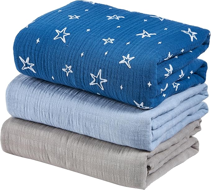 3-Pack 100% Cotton Muslin Swaddle Blankets, Large 47 x 47 Inches — Breathable Soft Receiving Blankets for Newborns, Swaddling Wraps, Registry Gift (Bold Blue Mix)