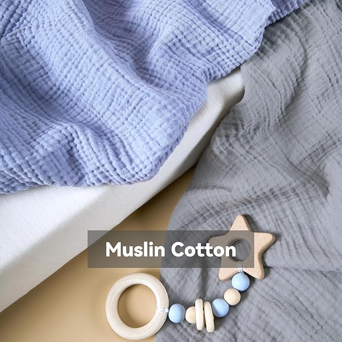 TILLYOU 2 Pack Muslin Crib Sheets for Boys and Girls, 100% Cotton Fitted Crib Sheet for Toddler 52x28 Standard Crib Mattress, Grey and Blue