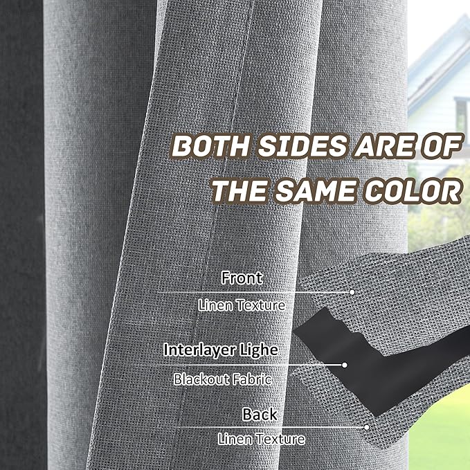 100% Blackout Linen Textured Curtains for Children's Room, Bedroom, Light Weight Curtains with Grommets Top, Full Blackout Curtains Privacy Protection, Gray, 52" W x 63" L, 2 Panels