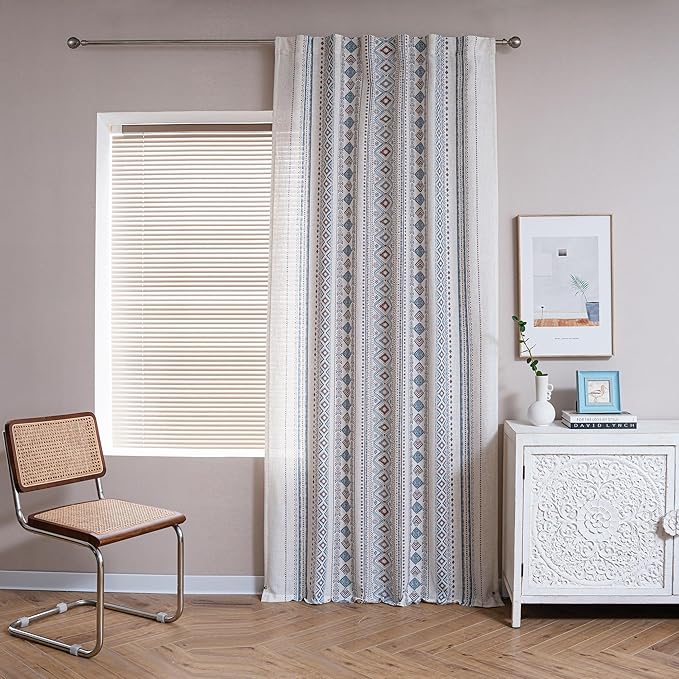 MYSKY HOME Curtains 84 inches Long for Living Room Boho Linen Sheer Drapes Geometric Farmhouse Decor Light Filtering Privacy Protect Soft Touch Treatment Back Tab for Home, 50" Wide, Khaki, 2 Panels