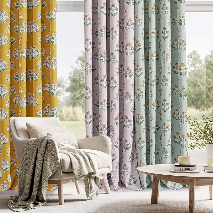 RYB HOME 100% Blackout Floral Curtains for Living Room Bedroom, Flower Patterned Thermal Insulated Soundproof Grommet Window Treatment Drapes for Dining Room, Yellow, W52 X L63, 2 Panels