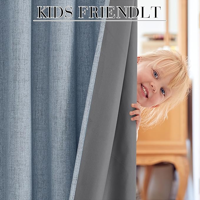 RYB HOME Smoky Blue Linen 100% Blackout Curtains for Bedroom 52 Width 120 Long, Thich Elegant Extra Long Drapes for Modern/Vintage/Farmhouse Home Decor, Thermal Insulated Window Treatment, 2 Panels