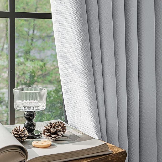 FMFUNCTEX 100% Light Grey Blackout Curtains for Living Room, Curtains 72 Inches Long Weave Textured Thermal Insulated Curtains for Bedroom, Black Out Drapery Grommet Room Darkening 2 Panels