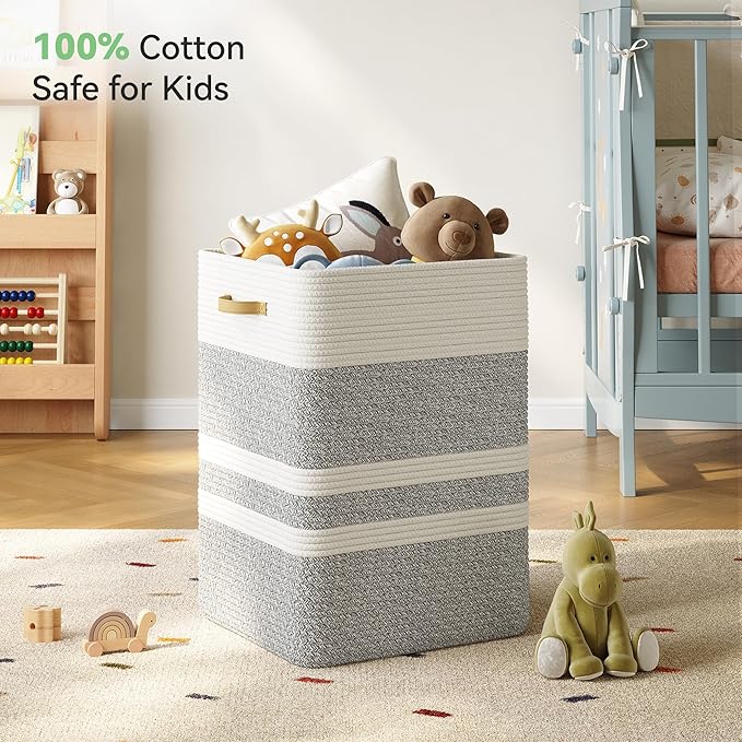 87L Laundry Hamper,Laundry Basket with Leather Handles,Woven Storage Basket for Toys,Pillows,Blankets,Clothes,Grey White