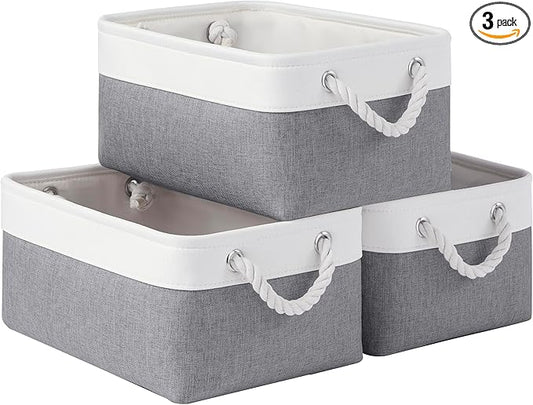 Storage Baskets for Shelves 13.8x9.8x6.7 Inch, Foldable Fabric Storage Bins with Handles, Small Storage Baskets for Organizing Closet, Office, Home Organization (3-Pack, White&Gray)
