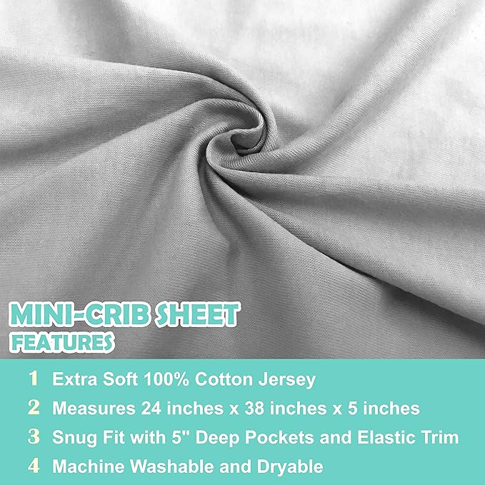 American Baby Company 2 Pack 100% Natural Cotton Fitted Mini Crib Sheets 38" x 24" - Soft & Breathable Small Nesting Portable Sheets, Fits Pack N Play Mattresses, Gray, for Boys & Girls