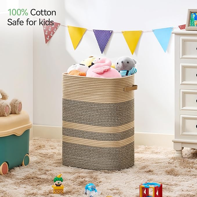 Laundry Hamper,Laundry Basket with Leather Handles,Woven Storage Basket for Toys,Pillows,Blankets,Clothes,Dark&Brown