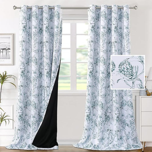 H.VERSAILTEX 100% Blackout Curtains for Living Room Camellia Floral Blackout Curtains 108 Inches Long Light Blocking Window Treatment Curtains with Black Liner Grommet Thermal Drapes, 2 Panels, Teal