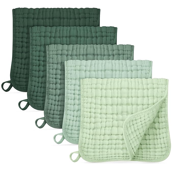 Unnivoll Muslin Burp Cloths for Baby 100% Cotton Burping Cloths for Boys Girls Large 20"X10" Extra Soft and Absorbent 5 Pack - Gradient Green