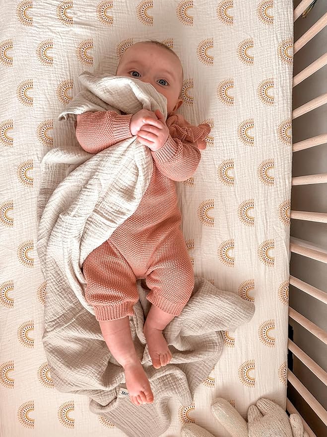 Crib Sheets for Baby Boy Girl 2 Pack, Fitted Crib Mattress Sheet 28" x 52", Muslin Toddler Bedding with Neutral Style, Nursery Bedding Essentials (Beige & Rainbow)