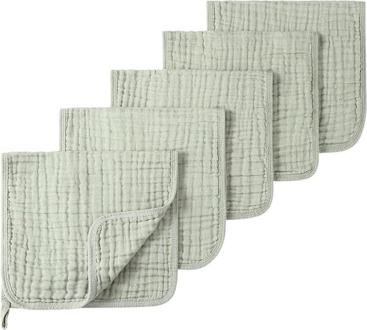 SnugOre Muslin Burp Cloths 5 Pack Large 20x12 inches Baby Burping Cloths, 6-Layer 100% Cotton for Newborn Boys Girls, Ultra Soft & Absorbent（Green）
