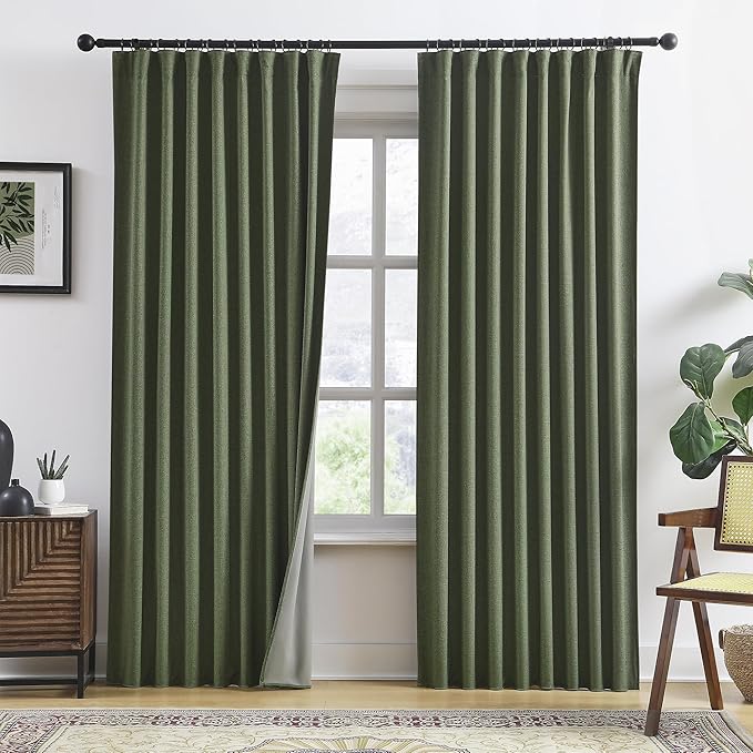 RAIN CITY Dark Olive Green Blackout Curtains Linen 80 Inches Long 2 Panels Set, Back Tab Pleated Look Thermal Insulated Curtains & Drapes for Living Room - Loden/Olive Forest W50 x L80