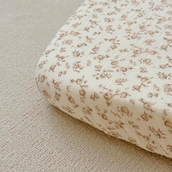 BuLuTu Cotton Muslin Baby Crib Sheets for Standard Crib and Toddler Mattress 52"x28", Chic Shabby Floral Print Boys Girls Fitted Sheets, 2 Pack, Soft Breathable, Camellia & Pink Floral
