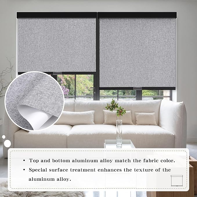 Cordless Blackout Roller Shades Blinds for Windows Free-Stop,Pull Down Room Darkening with Valance,Thermal Insulated Woven Fabric Window Door Blinds for Home,Office,Heather Grey 36" W x 72" H