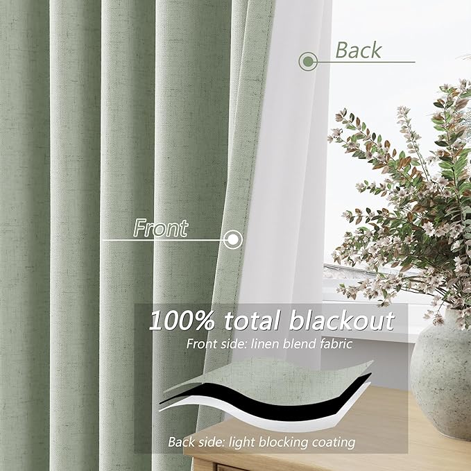 Guken 100% Blackout Curtains 96 Inch Length 2 Panels Set for Living Room Bedroom Back Tab Thermal Insulated Black Out Linen Drapes Room Darkening Window Curtains 96 Inches Long,Mist Sage