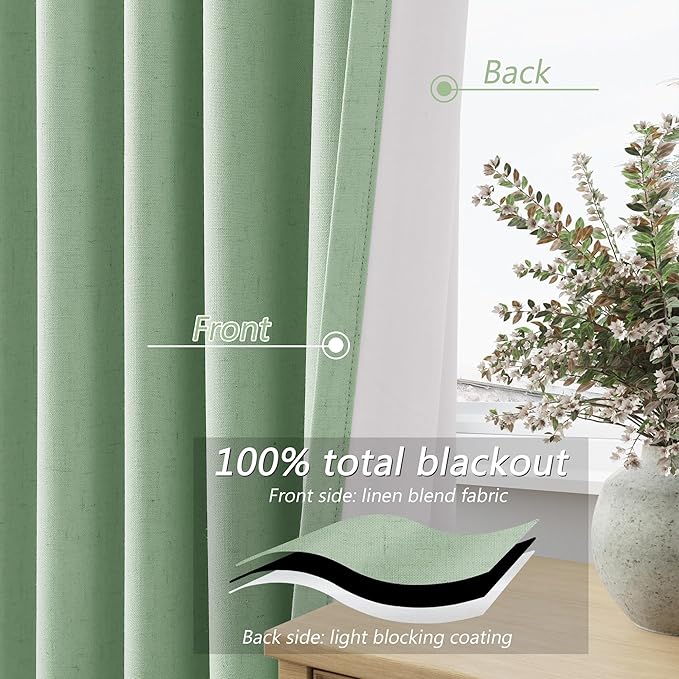 Guken 100% Blackout Curtains 80 Inch Length 2 Panels Set for Living Room Bedroom Back Tab Thermal Insulated Black Out Linen Drapes Room Darkening Window Curtains 80 Inches Long,Aqua Green