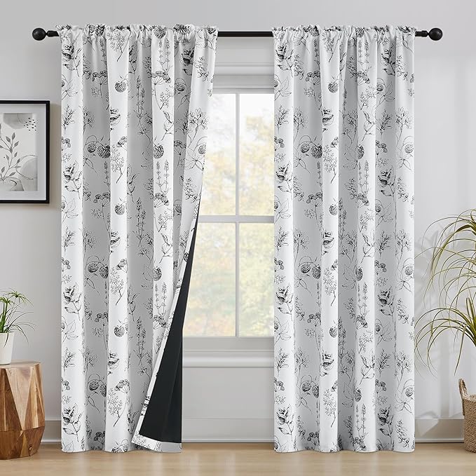 FMFUNCTEX 100% Blackout Floral Curtains 84 Inches Long for Bedroom, Black and White Leaf Drapes for Living Room, Farmhouse Rod Pocket Back Tab Room Darkening Thermal Insulated Window Drapes 2 Panels
